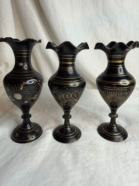 Vintage Hand-Etched Brass Bud Vases - Set of 3